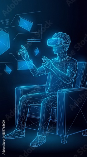 Young Person Using Futuristic Virtual Reality Vr Set Illustration with Geometric Polygons Low Poly Wireframe Vertical Concept