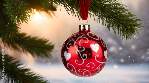 Red Christmas Ornament With Silver Swirl Hearts Hanging From Pine Branch In Warm Holiday Glow