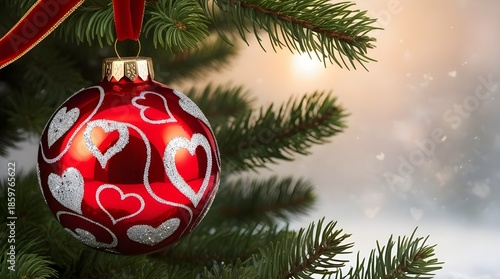 Red Christmas Ornament With White Hearts On Pine Branches, Cozy Holiday Glow