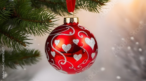 Red Christmas Ornament With Silver Hearts And Swirls Hanging From Green Pine Branch