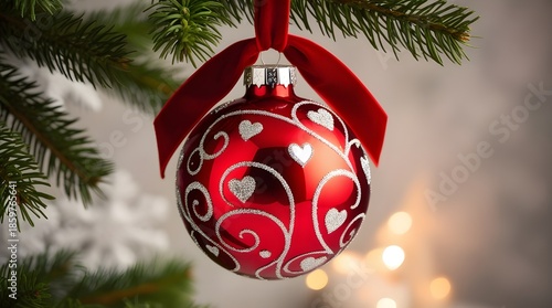 Red Christmas Ornament With Silver Heart Swirls Hanging From Tree Branch