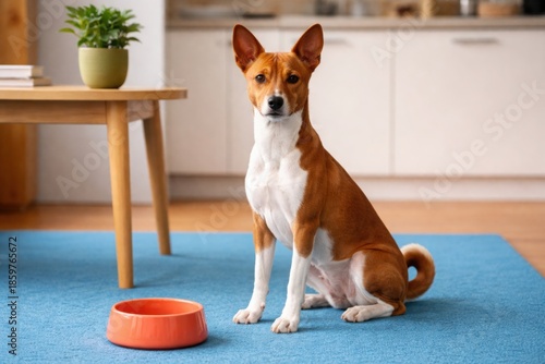 Basenji dog sitting calmly on kitchen floor near food bowl at home