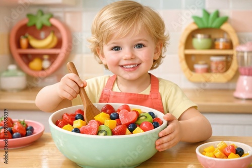 Smiling child preparing fresh fruit salad at kitchen table at home