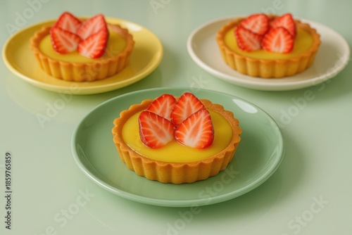 Fresh lemon tarts topped with strawberries arranged on pastel plates