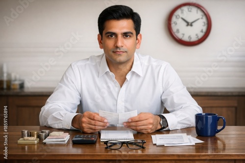 Man reviewing household expenses at kitchen table in quiet home setting