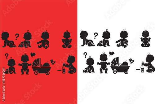 Silhouette Babies with Stroller and Birds on Red Background
