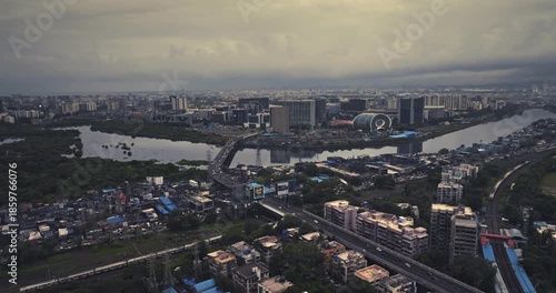Aerial view of Bandra Kurla Complex (BKC), Mumbai, India, showcasing the city’s prominent financial and commercial district. Beautiful cloudy weather during the monsoon.