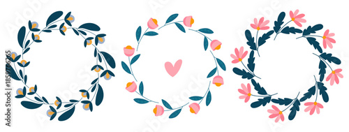Set of three decorative floral wreath illustrations made of leaves and flowers in a clean flat style. Suitable for greeting cards, invitations, wedding design, branding, posters, stationery, logos