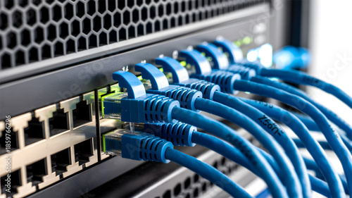 Blue Ethernet Network Cables Plugged into Server Switch – Data Center Infrastructure and High-Speed Internet Concept