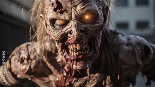 Zombie gazes with haunting stare. decayed skin, exposed bone, blood splatter. Ragged clothing snarling mouth and vacant stare. Generative AI