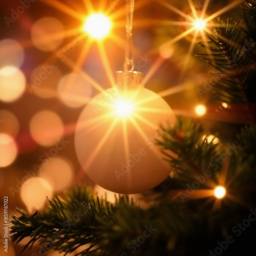 A close-up of a white Christmas ornament hanging on a pine tree branch