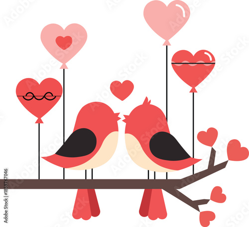 Two love birds kissing on a branch with heart balloons for valentines day
