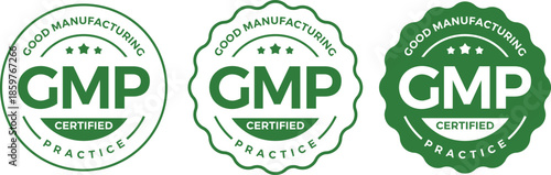 Set of Green GMP Certified Good Manufacturing Practice Vector Badges Isolated on White