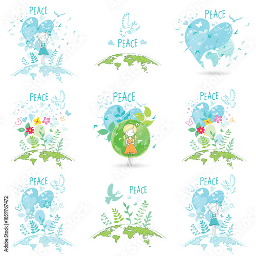 International Day of Peace. Concepts of love, peace, and kindness. A set of posters.