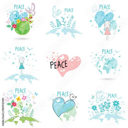 International Day of Peace. Concepts of love, peace, and kindness. A set of posters and postcards. Doodle.