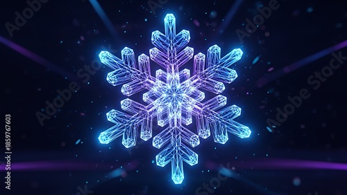 A glowing blue snowflake wireframe on a dark background with radial lines and a futuristic atmosphere