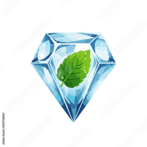 A sparkling blue diamond encasing a fresh green mint leaf, symbolizing coolness and natural purity.