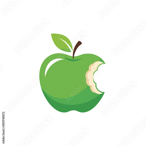 Vibrant green apple with a single bite taken out of its side, revealing the white flesh, set against a clean white background.