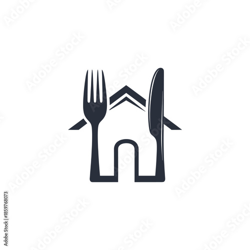 Stylized logo featuring a fork and knife forming a house outline, representing home dining or food delivery.