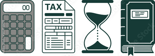 Tax deadline concept with calculator hourglass book and tax form on transparent background

