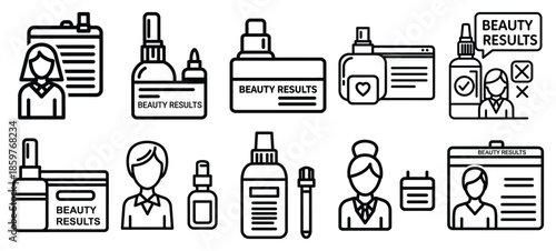 Skincare beauty results editable stroke outline icons set isolated on white background flat vector illustration.
