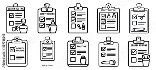 Skincare beauty routine checklist editable stroke outline icons set isolated on white background flat vector illustration.