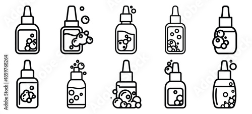 Skincare beauty serum bubbles editable stroke outline icons set isolated on white background flat vector illustration.