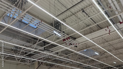 Industrial Warehouse Ceiling With Skylight Panels Showcasing Grid Of LED Fixtures, Metal Rafters, Ventilation Ducts, And Maintenance Access Points Creating Bright Daylight Interior