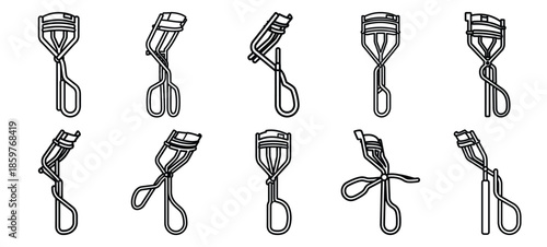 Skincare eyelash curler editable stroke outline icons set isolated on white background flat vector illustration.