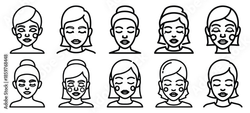 Skincare facial massage editable stroke outline icons set isolated on white background flat vector illustration.