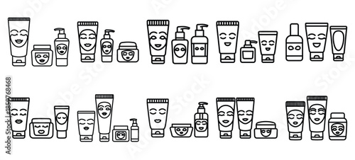 Skincare facial skincare set editable stroke outline icons set isolated on white background flat vector illustration.