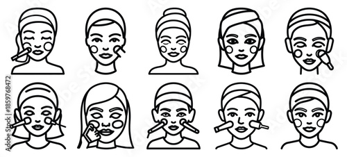 Skincare facial treatment editable stroke outline icons set isolated on white background flat vector illustration.