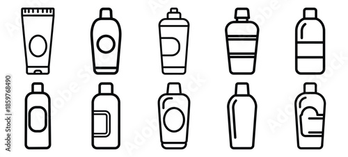 Skincare hair conditioner bottle editable stroke outline icons set isolated on white background flat vector illustration.