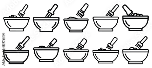 Skincare hair coloring bowl editable stroke outline icons set isolated on white background flat vector illustration.