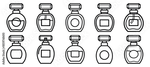Skincare perfume bottle editable stroke outline icons set isolated on white background flat vector illustration.