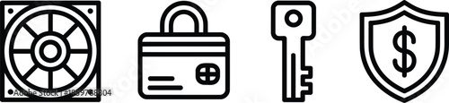 Four security icons featuring a fan lock key and shield on transparent background

