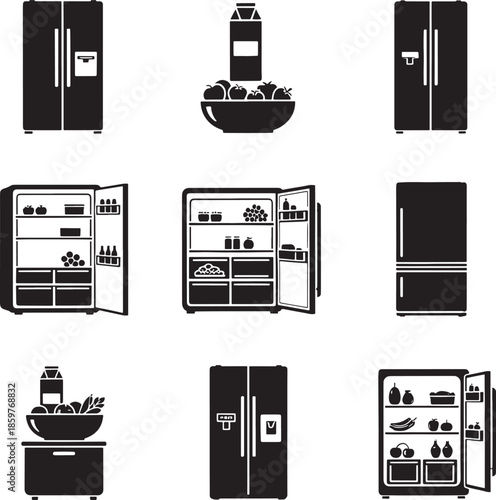 Collection of various refrigerator and kitchen appliance icons in a grid pattern