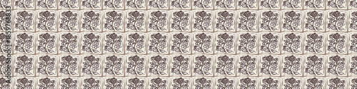Hand drawn bold floral bloom lino cut style seamless pattern border background. Flat vector stylish design wildflower motif Patchwork block print tape. Rustic neutral organic banner edge linen look