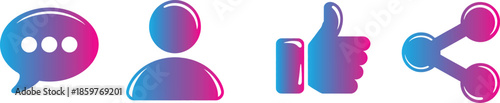 Colorful social media icons including speech bubble person like and share on transparent background

