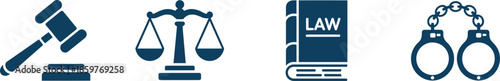 Legal symbols including gavel scales of justice law book and handcuffs on transparent background

