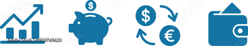 Financial growth savings currency exchange and wallet icons presented in a blue style on transparent background

