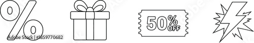 Line art icons featuring percentage gift sale label and lightning bolt on transparent background

