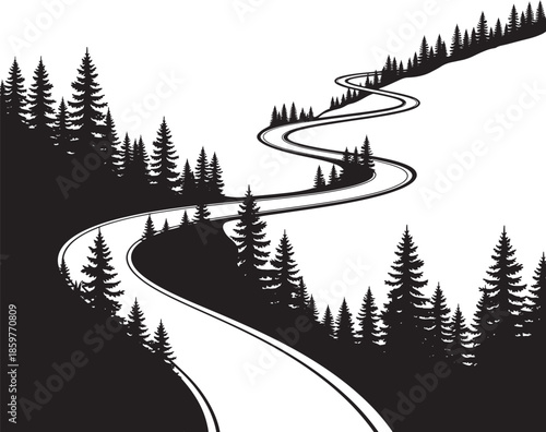 Winding road through a forested mountain landscape in black and white