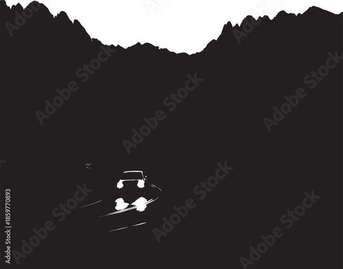 Silhouetted vehicle driving through a mountainous landscape at nighttime