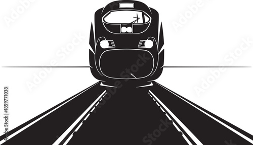 A minimalist black and white illustration of a speeding train on tracks