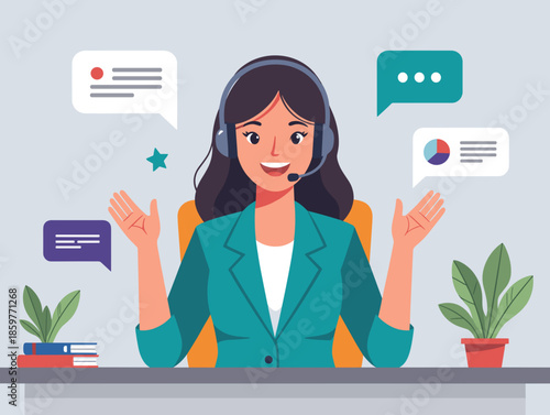 Business woman on video call with investors, cheerful and engaging, with office background, copy space