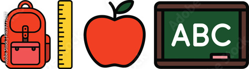 Four school supply icons backpack ruler apple and chalkboard on transparent background

