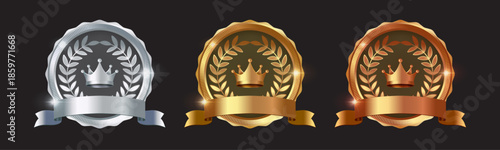 Gold, Silver and Bronze Crown Laurel Badge Vector Set. Luxury Royal Award Emblems with Ribbon, Premium Certification Seals, Winner Achievement Medals and Elegant Design Isolated on Dark Background