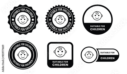 Suitable for Children Vector Icon Set for Kids Friendly Products with Safe, Gentle and Family Approved Badges in Black Line Flat Style Isolated on White Background