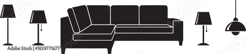 Minimalist illustration of a dark sectional sofa with four lamps overhead